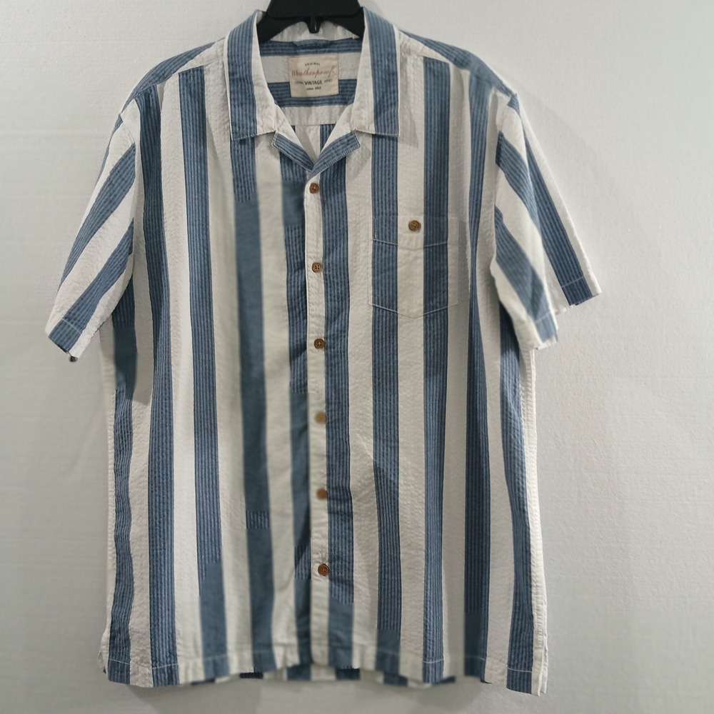 Weatherproof Shirt SzL Short Sleeve Blue White Vertical Strip Button Camp Collar